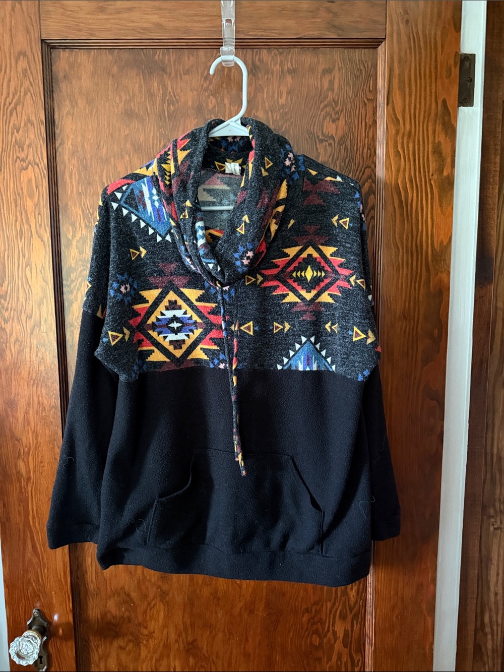 Cowl Neck Aztec Pattern Pullover Hoodie - Black